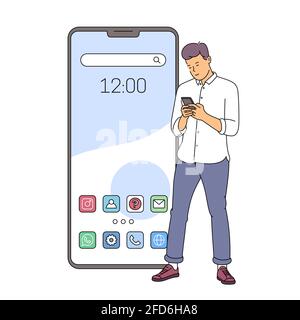 Home Screen Smartphone Interface Konzept. Junger lächelnder Mann, der mit dem Smartphone in den Händen steht. Flache Vektorgrafik Stock Vektor