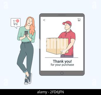 Online-Zahlung, Technologie, Shopping, Handy-Konzept. Lächelnde Frau mit Smartphone-Shopping mit kontaktlosem, elektronisch bezahlendem, kabellosem Technol Stock Vektor