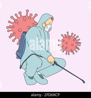 Coronavirus, Kampf, Infektion, Schutzkonzept. Mann in Virusschutzanzug und Maske, die mit dem Sprüher Gebäude von Coronavirus desinfiziert. Stock Vektor