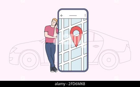Car-Sharing und Online-Bewerbungskonzept. Junger Mann in der Nähe des Smartphone-Bildschirms mit Route und Positionspunkt auf einem Stadtplan mit Autohintergrund. Flacher Vec Stock Vektor
