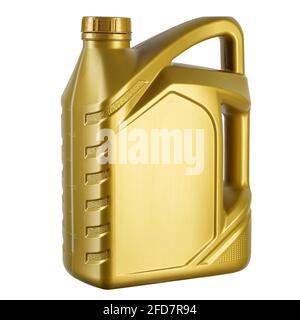 Goldfarben des Kunststoffkanisters auf weißem Hintergrund isoliert. Datei enthält Beschneidungspfad. Stockfoto