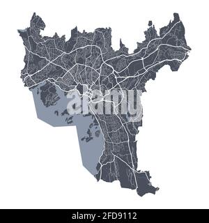 Oslo-Karte. Detaillierte Vektorkarte des Verwaltungsgebiets der Stadt Oslo. Blick auf das Stadtbild mit Postern und die Arie der Metropole. Dunkles Land mit weißen Straßen, Straßen und avenu Stock Vektor