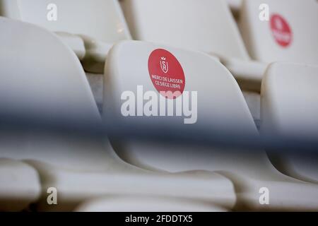 Gesamtansicht des Stadions während der französischen Meisterschaft Ligue 1 Fußballspiel zwischen Stade Reims und Olympique de Marseille am 23. April 2021 im Auguste Delaune Stadion in Reims, Frankreich - Foto Loic Baratoux / DPPI Stockfoto