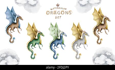 Fliegender Drache, farbenfrohes Set. Magische isolierte Cartoon handgezeichnete Illustration auf weißem Hintergrund Stockfoto