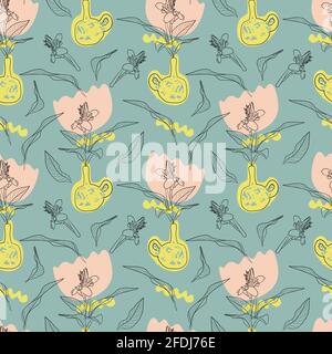 Nahtlose Muster mit Linie Kunst Topfhaus Pflanze Canna Lily Und abstrakte Formen Stock Vektor