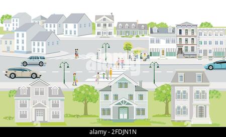 Familien und Menschen auf dem Bürgersteig mit Straßenverkehrsabbildung Stock Vektor