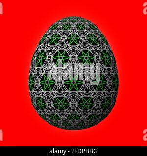 Frohe Ostern, kunstvoll gestaltetes und farbenfrohes 3D-osterei, 3D-Illustration auf Rot Stockfoto