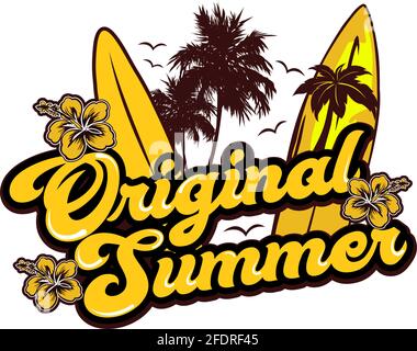 Sommer-Illustration mit Palmen einige Surfvögel in Silhouette und Blumen. Stock Vektor