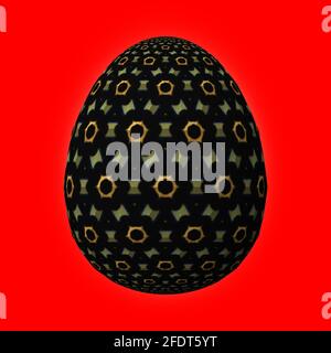 Frohe Ostern, kunstvoll gestaltetes und farbenfrohes 3D-osterei, 3D-Illustration auf Rot Stockfoto