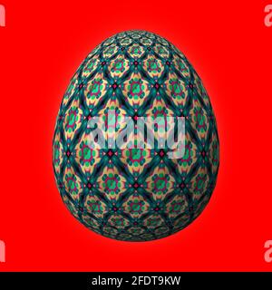 Frohe Ostern, kunstvoll gestaltetes und farbenfrohes 3D-osterei, 3D-Illustration auf Rot Stockfoto