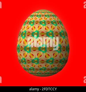 Frohe Ostern, kunstvoll gestaltetes und farbenfrohes 3D-osterei, 3D-Illustration auf Rot Stockfoto