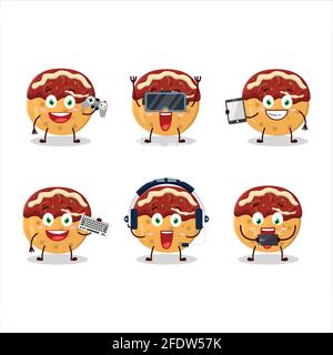 Takoyaki Zeichentrickfigur spielen Spiele mit verschiedenen niedlichen Emoticons. Vektorgrafik Stock Vektor