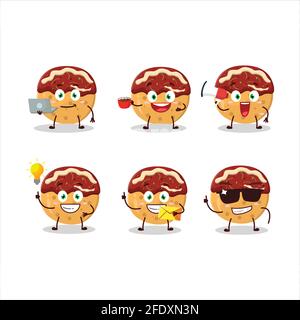 Takoyaki Zeichentrickfigur mit verschiedenen Arten von Business-Emoticons. Vektorgrafik Stock Vektor