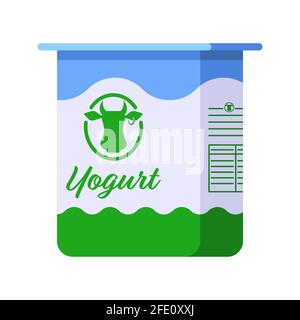 Flacher Stil Kunststoff-Cup mit Yougurt isoliert Symbol auf weißem Hintergrund. Colorful Vector Molkerei Produktabbildung. Plastikbecher mit frischem griechischem Joghurt in weiß, blau und grün Stock Vektor