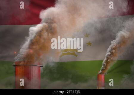 Dichter Rauch von Fabrikrohren auf Tadschikistans Flagge - Konzept der globalen Erwärmung, Hintergrund mit Platz für Ihr Logo - industrielle 3D-Illustration Stockfoto