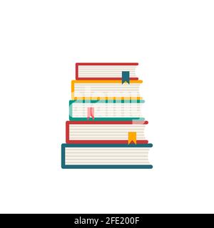 Buntes Bücherstapel-Symbol. Stapel von Büchern mit Lesezeichen. Bibliothek und Lesekonzept. Bildung und Lernen. Klassische Bücher. Weltbuchtag. Vektor Stock Vektor