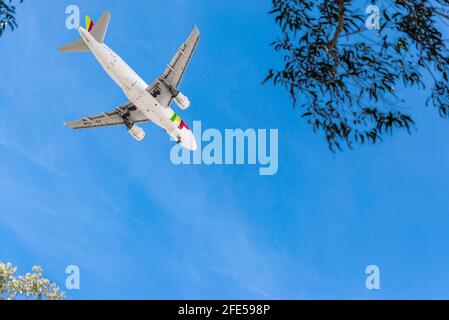 Lissabon, Portugal - 11 2016. September: DAS FLUGZEUG DES TYPS TAP Airbus A320 steigt vom Boden in der Nähe des Flughafens ab und landet Stockfoto