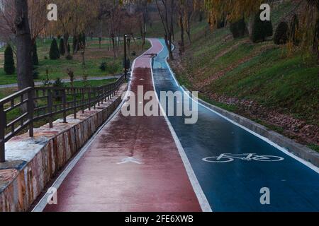 Ausgewiesene Bereiche für Sport und Gesundheit. Abends. Nach dem Regen. Nasse Sportstrecken. Blaue und rote Straße. Legende - Fahrrad, Person. Stockfoto