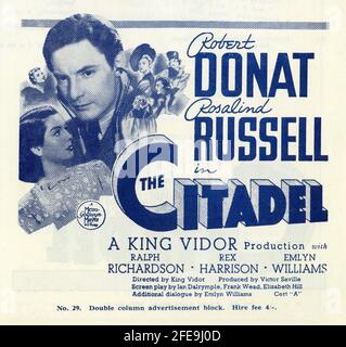 ROBERT DONAT und ROSALIND RUSSELL in DER ZITADELLE 1938 Regisseur KING VIDOR Roman A.J. Cronin Drehbuch Ian Dalrymple Frank Wead und Elizabeth Hill zusätzlicher Dialog Emlyn Williams Produzent Victor Saville Metro Goldwyn Mayer British Studios Stockfoto