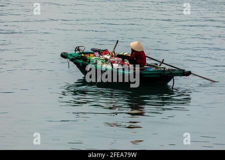 Unternehmen Sie auf Ruderbooten in der Halong Bay von Vietnam Stockfoto