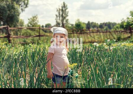 Ein kleines Mädchen wässert die Betten mit Grün von einem Gießkannen im Dorf Stockfoto