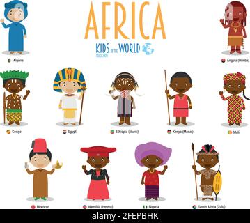 Kinder und Nationalitäten der Welt Vektor: Afrika. Set aus 11 Figuren in verschiedenen nationalen Kostümen. Stock Vektor