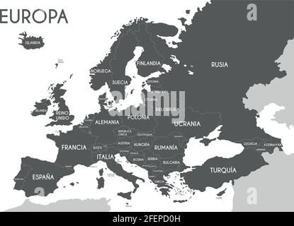 Politische Landkarte von Europa in grauer Farbe mit weißem Hintergrund und den Namen der Länder auf Spanisch. Vektorgrafik Stock Vektor