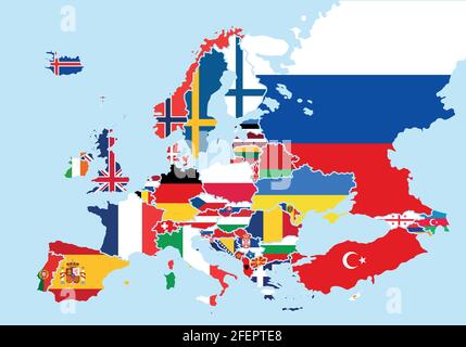 Karte von Europa mit den Flaggen der einzelnen Länder Stock Vektor