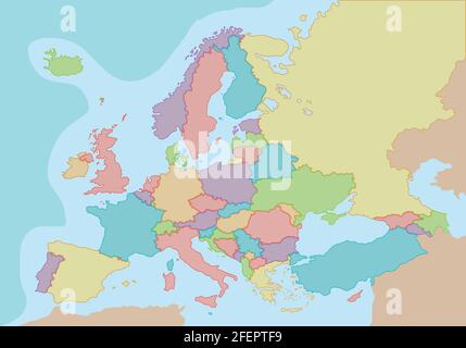 Politische Landkarte von Europa mit Farben und Grenzen für jedes Land. Vektorgrafik. Stock Vektor