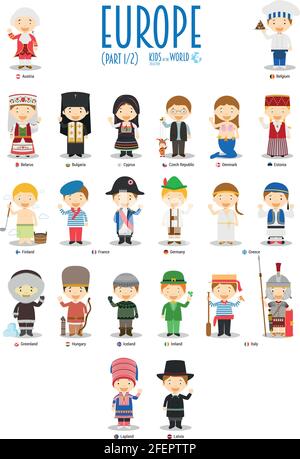 Kinder und Nationalitäten der Welt Vektor: Europa Set 1 von 2. Set aus 22 Figuren in verschiedenen nationalen Kostümen. Stock Vektor