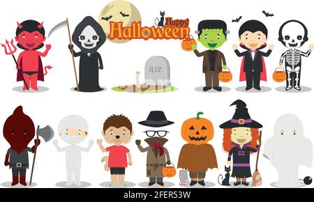 Set von Halloween-Figuren, einschließlich Dracula, Frankenstein, Teufel, Hexe, Skelett, Kürbis, Mama und mehr. Vektorgrafik Stock Vektor