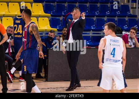 Sarunas Jasikevicius, Cheftrainer des FC Barcelona während der Turkish Airlines EuroLeague, Playoffs-Spiel 2 Basketballspiel zwischen dem FC Barcelona und Zenit St. Petersburg am 23. April 2021 im Palau Blaugrana in Barcelona, Spanien - Foto Javier Borrego / Spanien DPPI / DPPI / LiveMedia Stockfoto