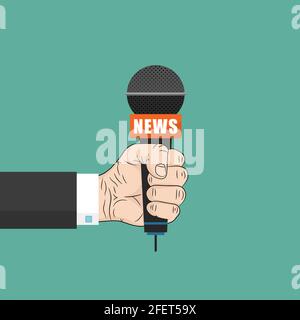 Mikrofon in der Hand eines Mannes. Nachrichtenkonzept. Vektorgrafik. Ein Mann, der ein Mikrofon hält. Stock Vektor