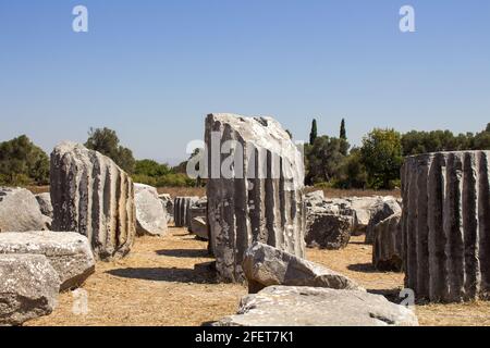 Blick auf historische Ruinen und Olivenbäume in der griechischen Antike Stadt namens Teos an der Küste von Ionia in Sigacik / Seferihisar Bezirk Izmir PR Stockfoto