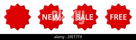 Set von runden Etiketten mit Text in flacher Ausführung. NEU, VERKAUF und FREITEXT. Vektorgrafik. Stock Vektor
