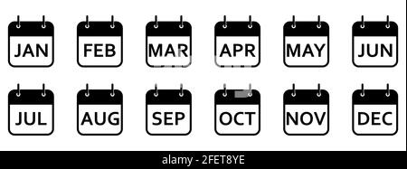Kalendersymbole für jeden Monat eines Jahres. Satz schwarzer Kalendersymbole. Vektorgrafik. Isolierte Kalendersymbole auf weißem Hintergrund Stock Vektor