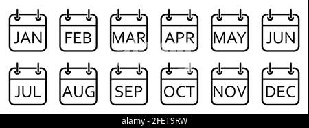 Kalendersymbole für jeden Monat eines Jahres. Satz schwarzer Kalendersymbole. Vektorgrafik. Isolierte Kalendersymbole auf weißem Hintergrund Stock Vektor