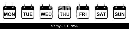 Kalendersymbole für jeden Wochentag. Satz schwarzer Kalendersymbole. Vektorgrafik. Isolierte Kalendersymbole auf weißem Hintergrund Stock Vektor