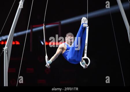 Basel, Schweiz. April 2021. Salvatore Maresca auf Still Rings (Italien) während der Artistic Gymanstics 2021 Europameisterschaft - Finale, Gymnastik in Basel, Schweiz, April 24 2021 Quelle: Independent Photo Agency/Alamy Live News Stockfoto