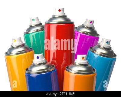 Bunte Graffity Spraydosen oder Aerosolflaschen auf Weiß isoliert. 3d-Illustration Stockfoto