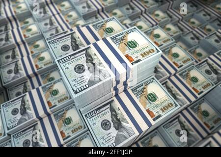 Dollar verpackt Hintergrund. Konzept für Einkommenswachstum und finanziellen Wohlstand. 3d-Illustration Stockfoto