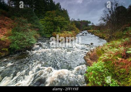 A3 hat ein feuchtes herbstliches HDR-Bild der Gewässer von Minnoch in Glen Trool, Galloway Forest Park, Dumfries und Galloway, Schottland, aufgenommen. 27. September 2012 Stockfoto