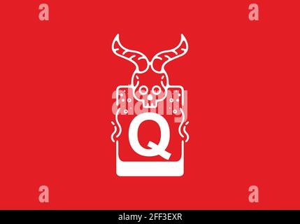 Weiße rote Linie Kunstdarstellung des Schädels mit Q Initial Buchstabe in der Mitte Design Stock Vektor