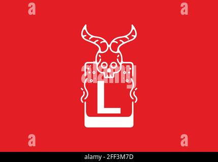 Weiße rote Linie Kunstdarstellung des Schädels mit L Initial Buchstabe in der Mitte Design Stock Vektor