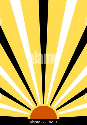Stilisierte Sonnendarstellung. Posterdesign im Retro-Stil. Bunte Sonnendarstellung. Schwarz-weiße Lichtstrahlen auf gelbem Hintergrund. Digitale Wandkunst Stockfoto