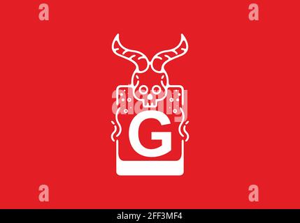 Weiße rote Linie Kunstdarstellung des Schädels mit G-Initiale Buchstabe in der Mitte Design Stock Vektor