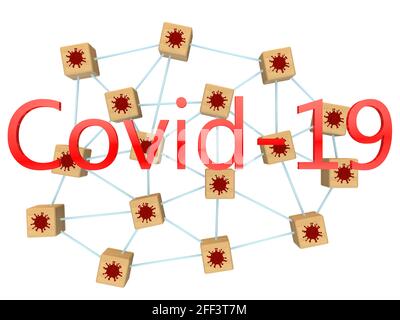 Das Konzept der weltweiten Verbreitung von Covid-19. Das Wort Covid-19 steht im Vordergrund. Im Hintergrund das Virenverteilernetzwerk. 3D Stockfoto
