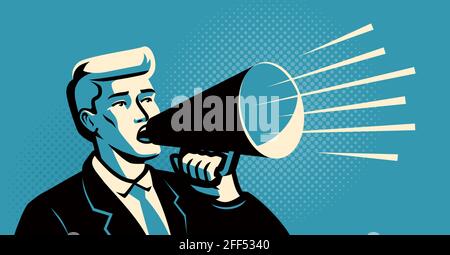 Ein Mann mit einem Lautsprecher schreit und kündigt an. Geschäftskonzept. Vektordarstellung für Megaphone Stock Vektor