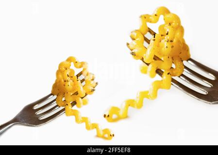 Zwei Gabel mit Wirbel in Korkenzieher-Form, Pasta fusilli col buco, Nahaufnahme, isoliert auf weißem Hintergrund Stockfoto