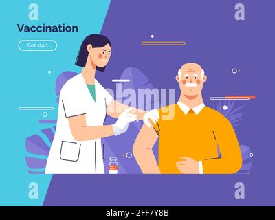 Vektordarstellung, die eine Ärztin zeigt, die einen alten Mann impft Patient gegen Coronavirus Stock Vektor
